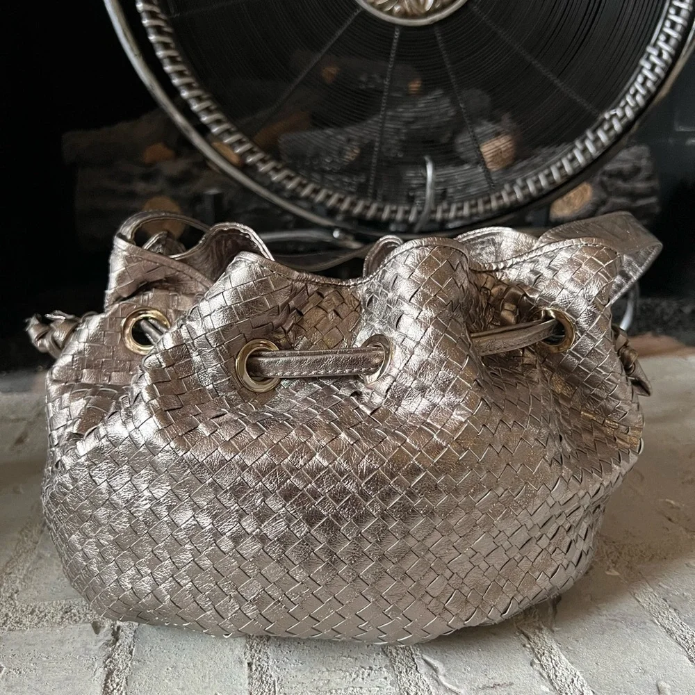 Elliott Lucca Aruba Metallic Woven Leather Hobo bag in Gold 13” x 9” x 9”